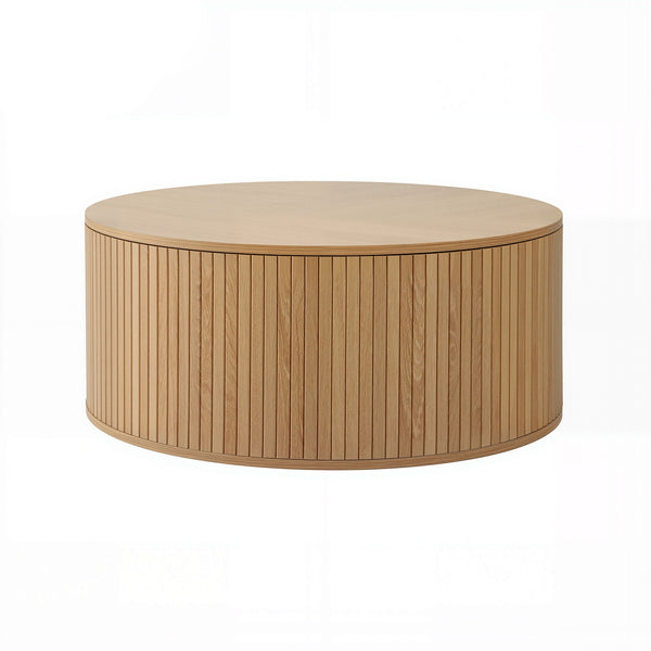 Artiss Round Coffee Table Storage Fluted Center Table Living Room Office 80cm Wood Awezingly