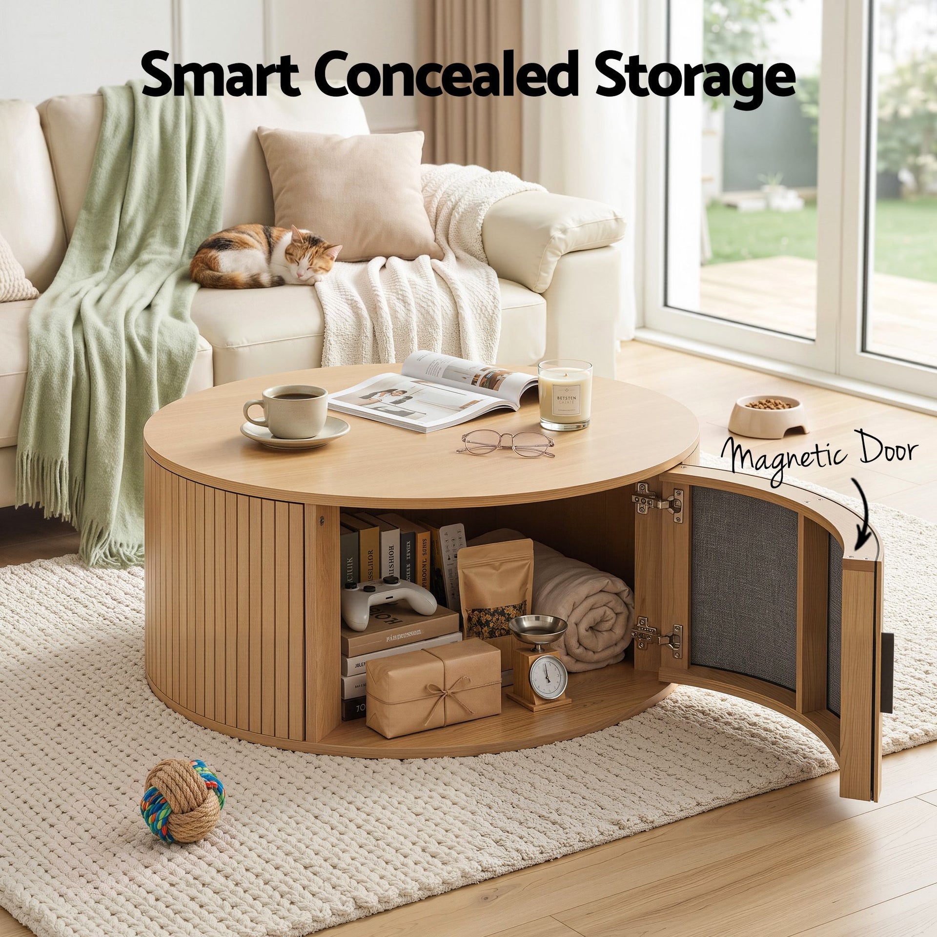 Artiss Round Coffee Table Storage Fluted Center Table Living Room Office 80cm Wood Awezingly