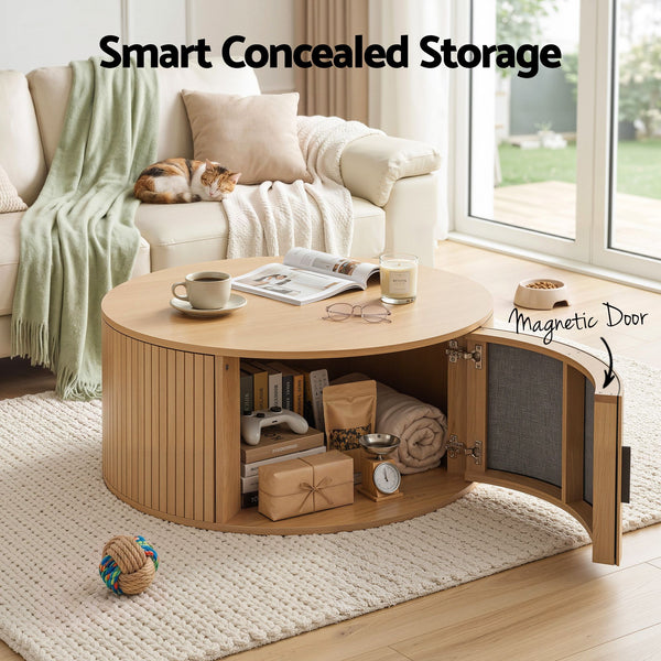 Artiss Round Coffee Table Storage Fluted Center Table Living Room Office 80cm Wood Awezingly