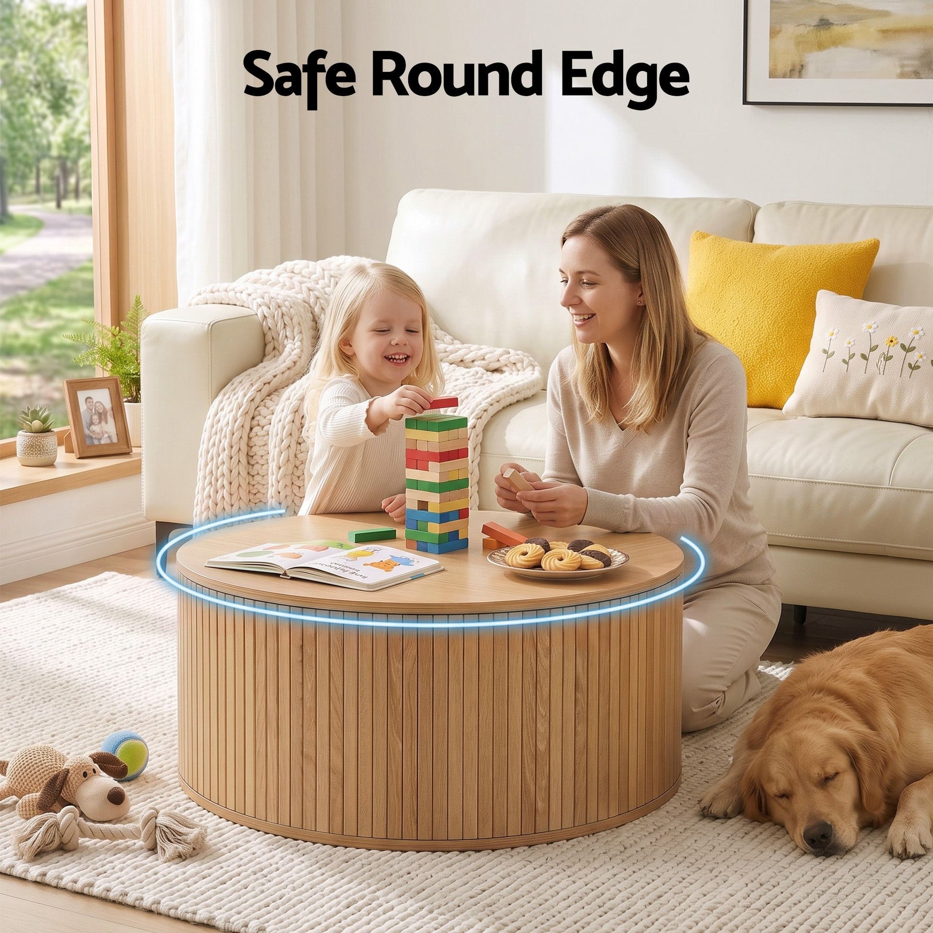 Artiss Round Coffee Table Storage Fluted Center Table Living Room Office 80cm Wood Awezingly