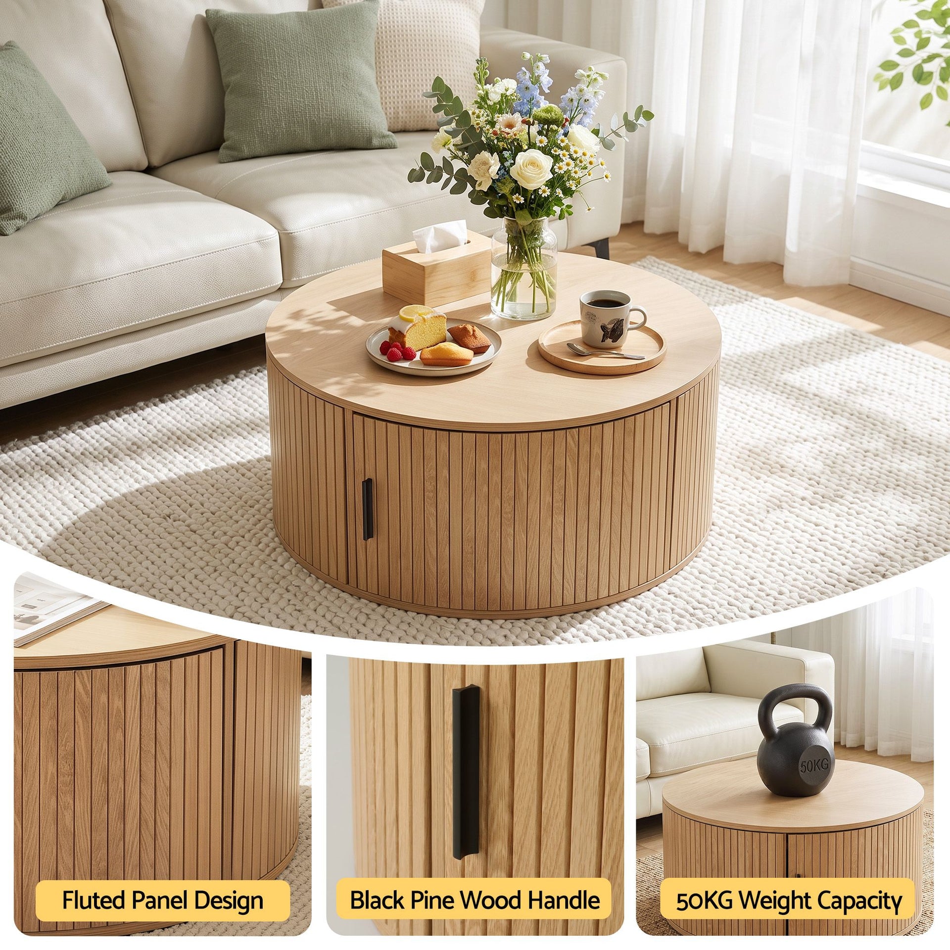 Artiss Round Coffee Table Storage Fluted Center Table Living Room Office 80cm Wood Awezingly