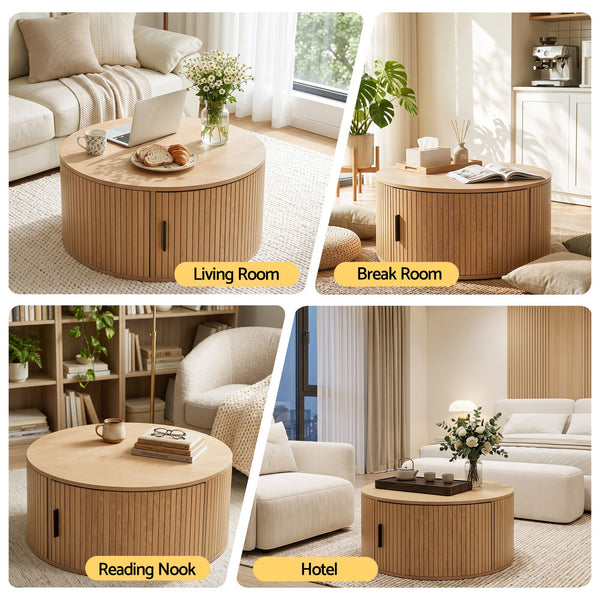 Artiss Round Coffee Table Storage Fluted Center Table Living Room Office 80cm Wood Awezingly
