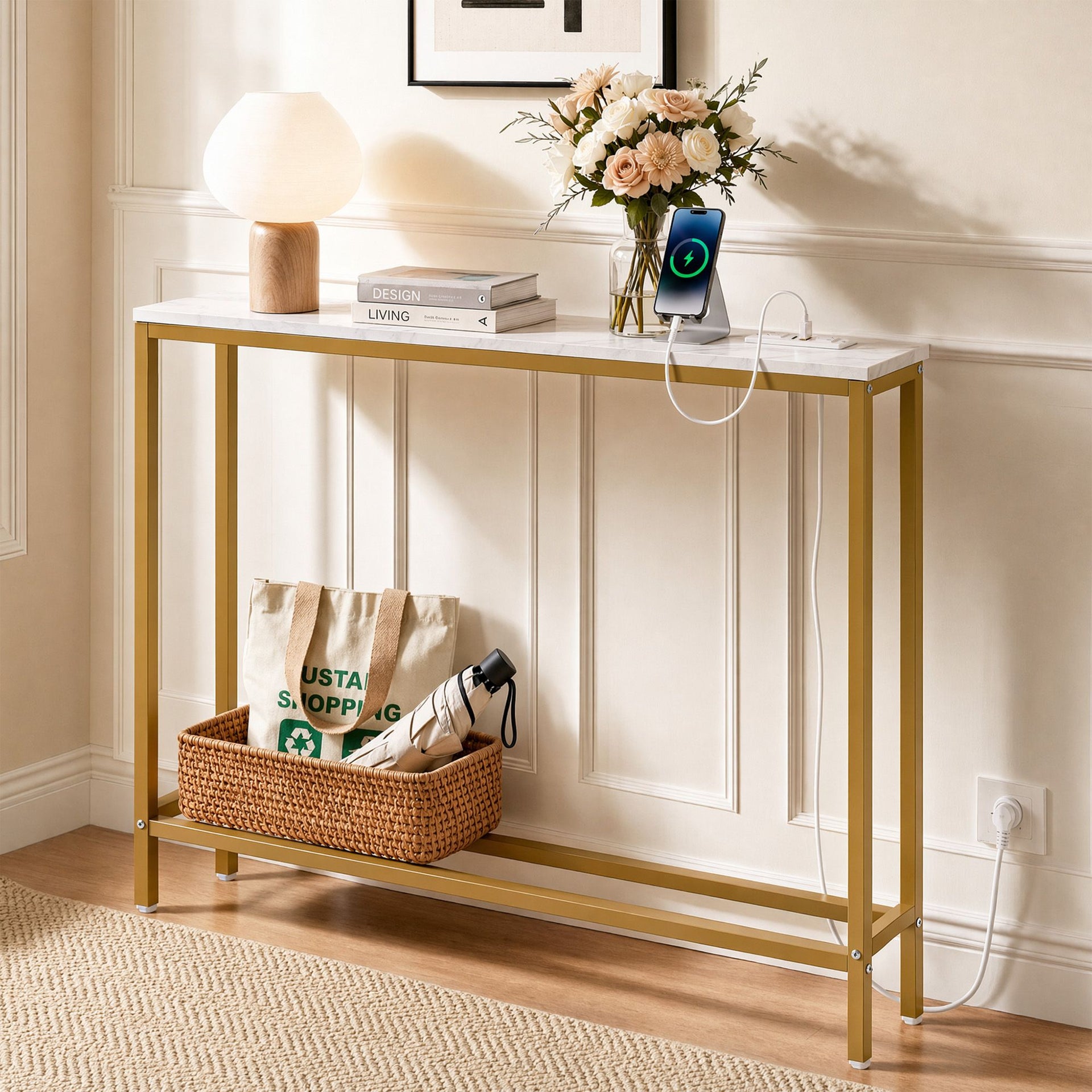Artiss Console Table Entryway Hallway Display Desk Charging Station Marble Finish White & Gold Artiss