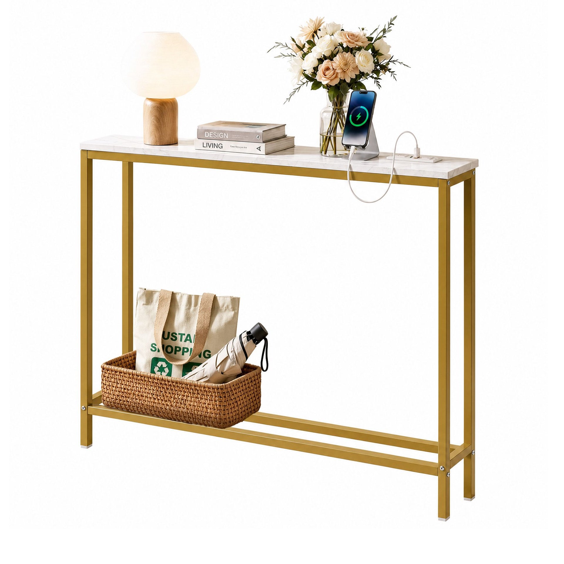 Artiss Console Table Entryway Hallway Display Desk Charging Station Marble Finish White & Gold Artiss