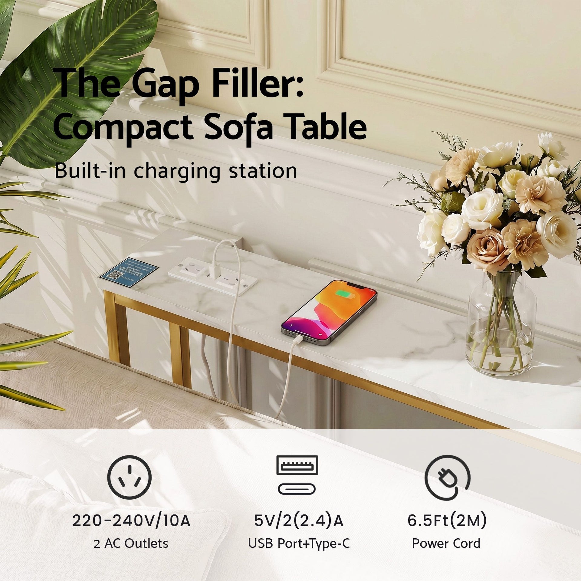 Artiss Console Table Entryway Hallway Display Desk Charging Station Marble Finish White & Gold Artiss