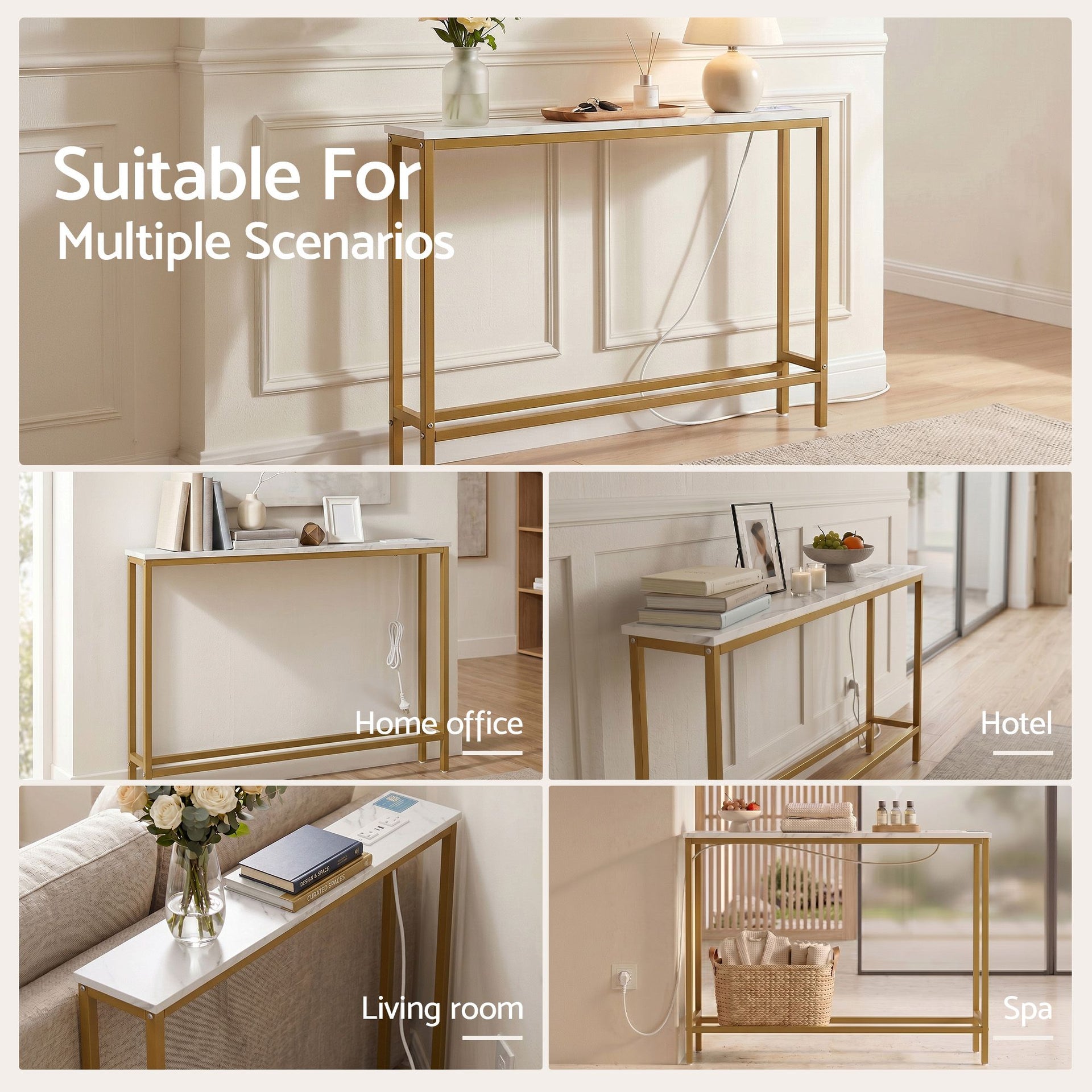 Artiss Console Table Entryway Hallway Display Desk Charging Station Marble Finish White & Gold Artiss