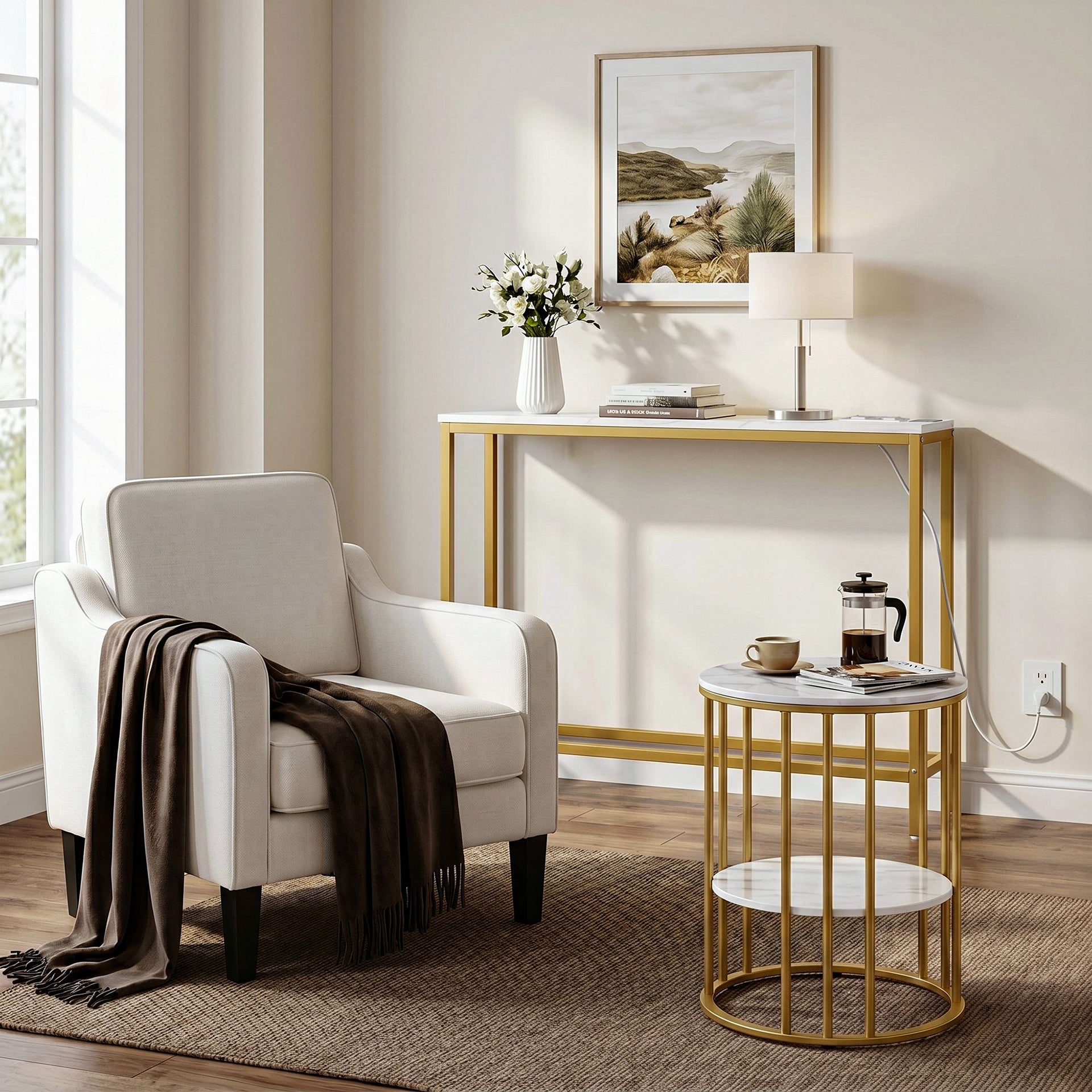 Artiss Console Table Entryway Hallway Display Desk Charging Station Marble Finish White & Gold Artiss