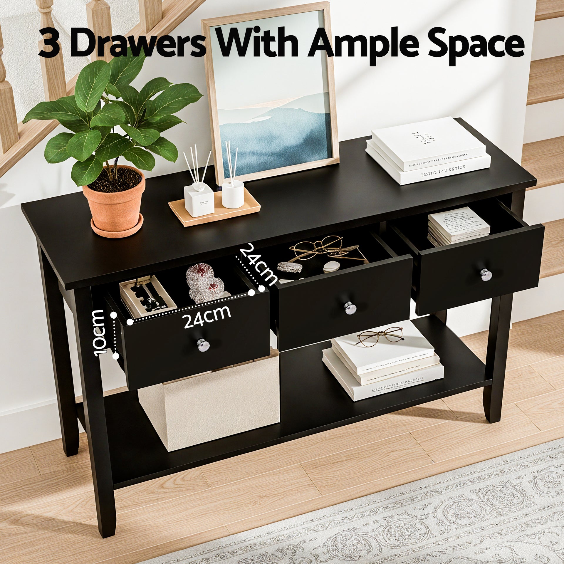 Artiss Console Table Hallway Sofa Entryway Entrance 3 Drawers 100CM Black Awezingly