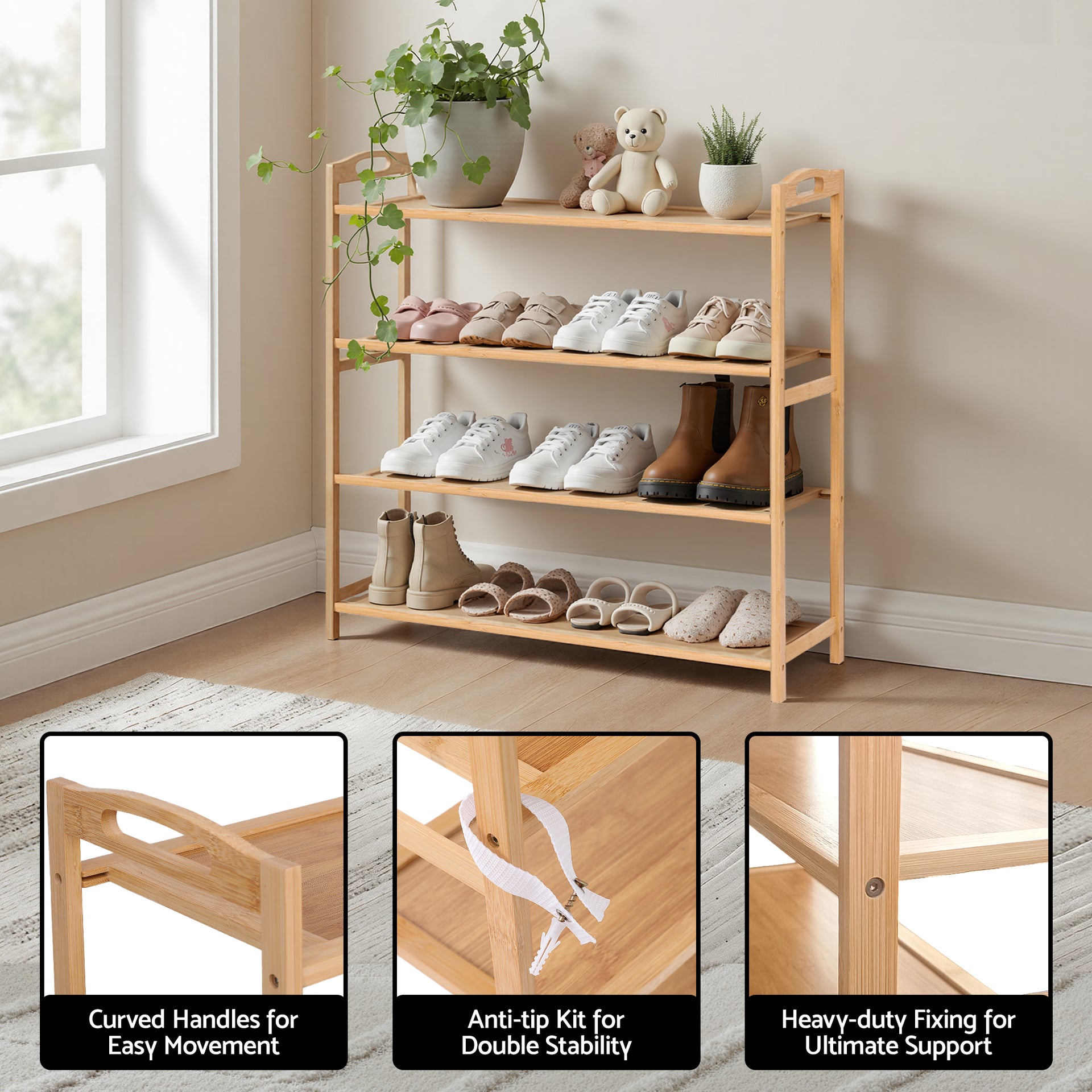Artiss 4 Tier Shoe Rack Bamboo Storage Organiser Pine Awezingly