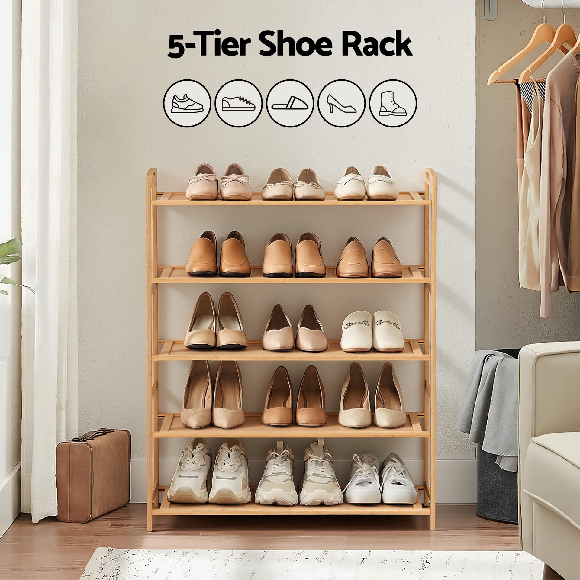 Artiss 5 Tier Shoe Rack Bamboo Storage Organiser Pine Awezingly