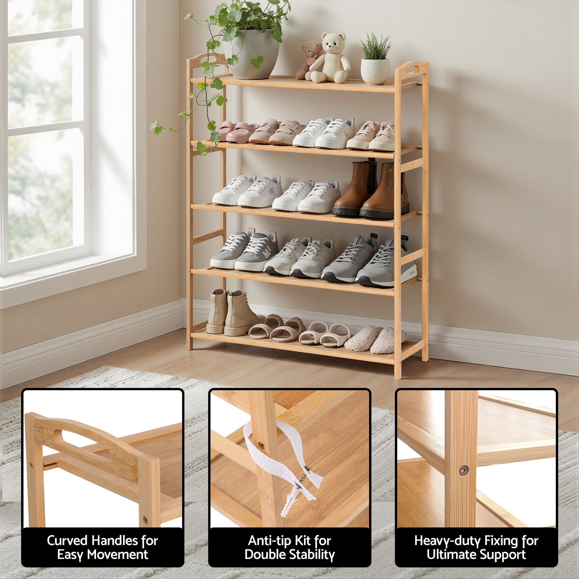 Artiss 5 Tier Shoe Rack Bamboo Storage Organiser Pine Awezingly