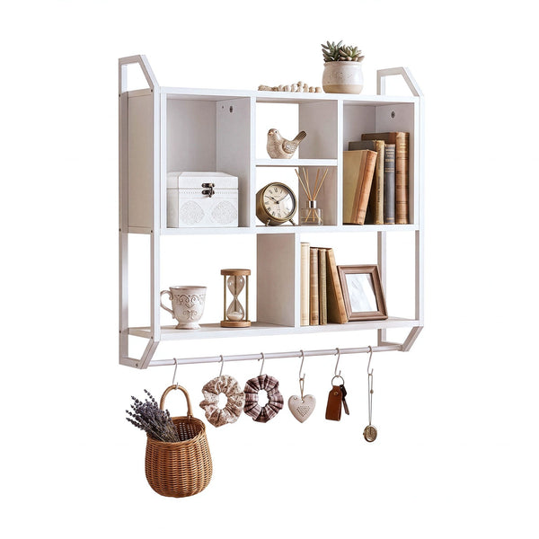 Artiss Floating Wall Shelf 6 Hooks Wall Mounted Storage Cubby Rack 73.5x74CM White Awezingly