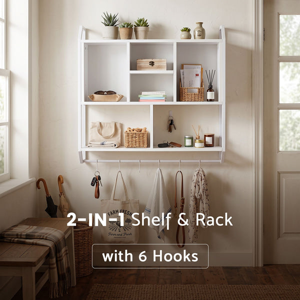 Artiss Floating Wall Shelf 6 Hooks Wall Mounted Storage Cubby Rack 73.5x74CM White Awezingly