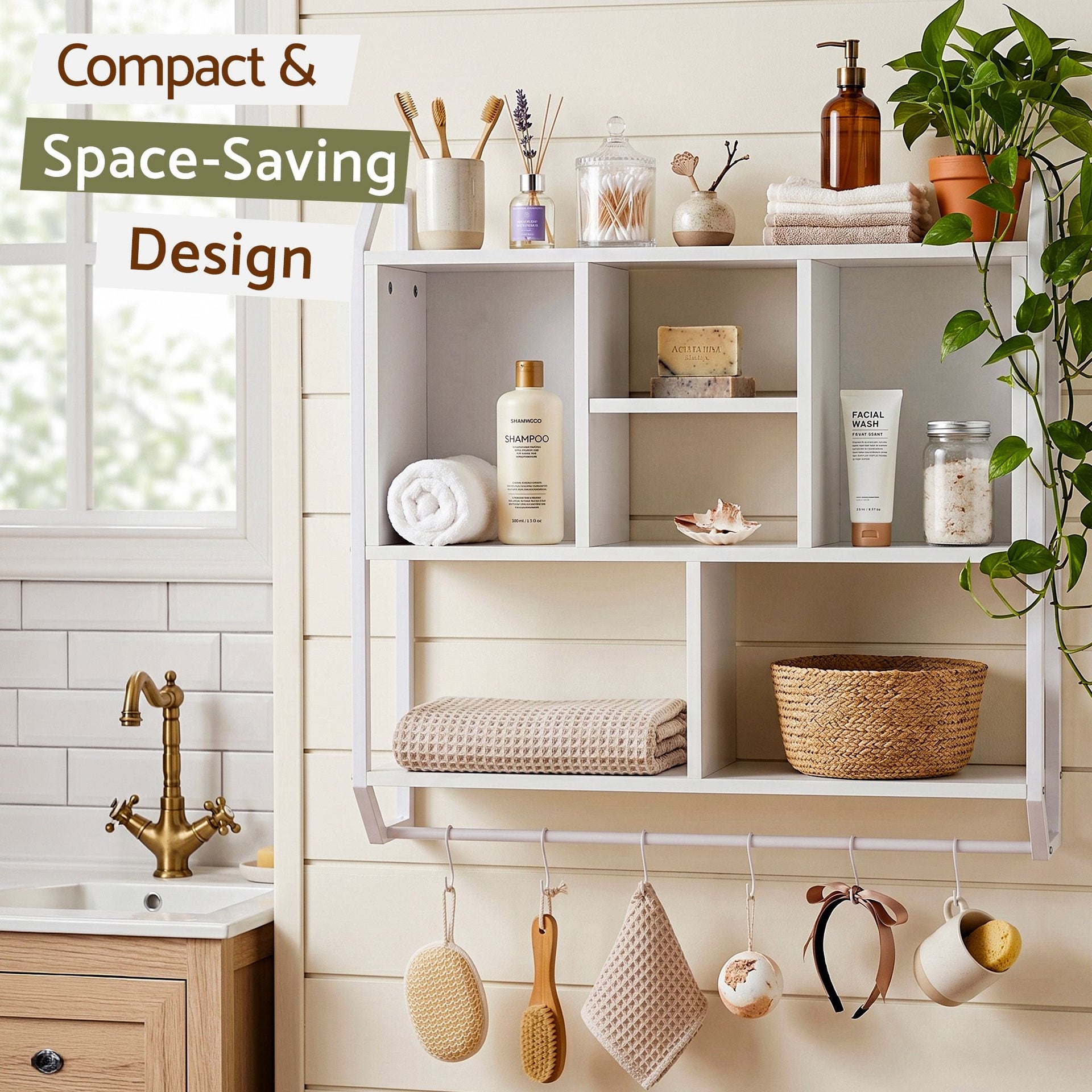 Artiss Floating Wall Shelf 6 Hooks Wall Mounted Storage Cubby Rack 73.5x74CM White Awezingly