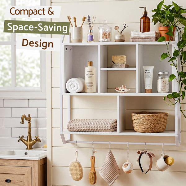 Artiss Floating Wall Shelf 6 Hooks Wall Mounted Storage Cubby Rack 73.5x74CM White Awezingly