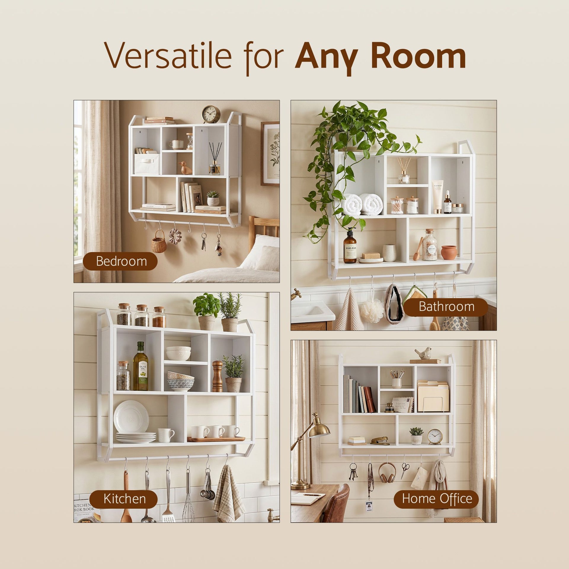 Artiss Floating Wall Shelf 6 Hooks Wall Mounted Storage Cubby Rack 73.5x74CM White Awezingly