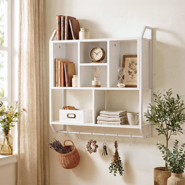 Artiss Floating Wall Shelf 6 Hooks Wall Mounted Storage Cubby Rack 73.5x74CM White Awezingly