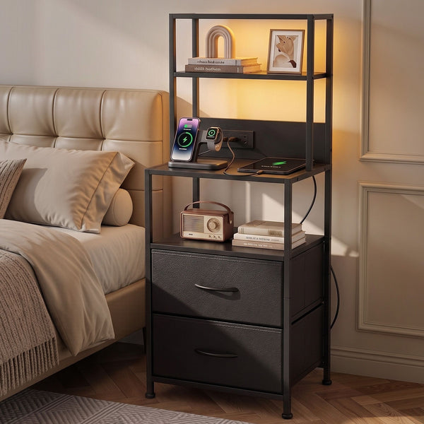 Artiss Bedside Table Tall Nightstand with Charging Station Drawers LED Black Awezingly