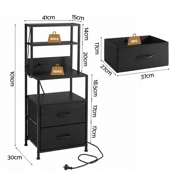 Artiss Bedside Table Tall Nightstand with Charging Station Drawers LED Black Awezingly