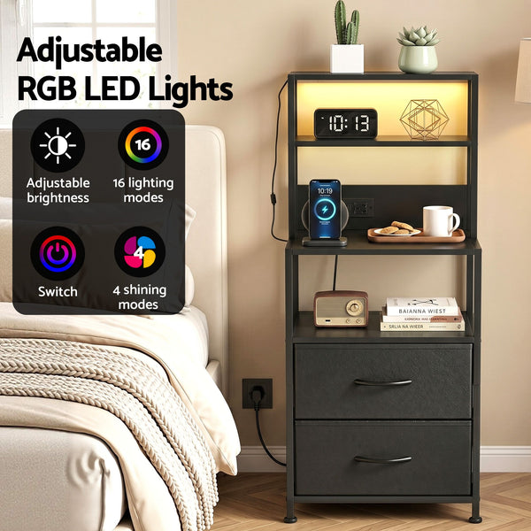 Artiss Bedside Table Tall Nightstand with Charging Station Drawers LED Black Awezingly