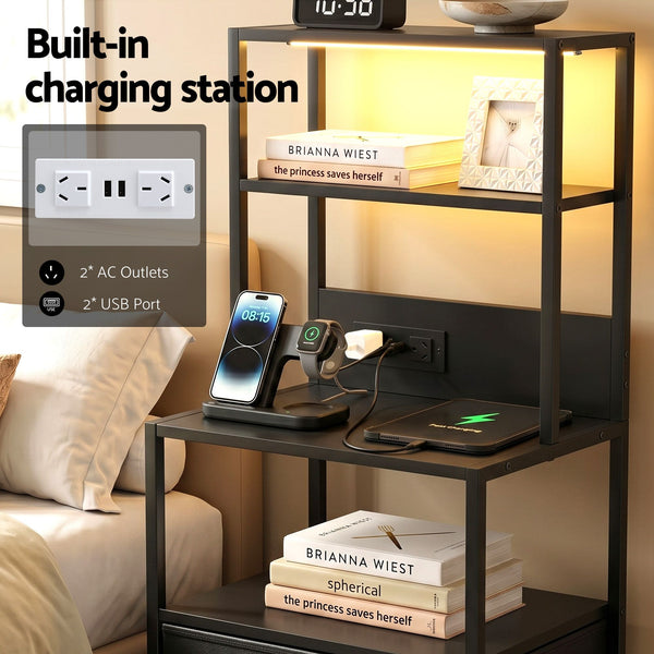 Artiss Bedside Table Tall Nightstand with Charging Station Drawers LED Black Awezingly