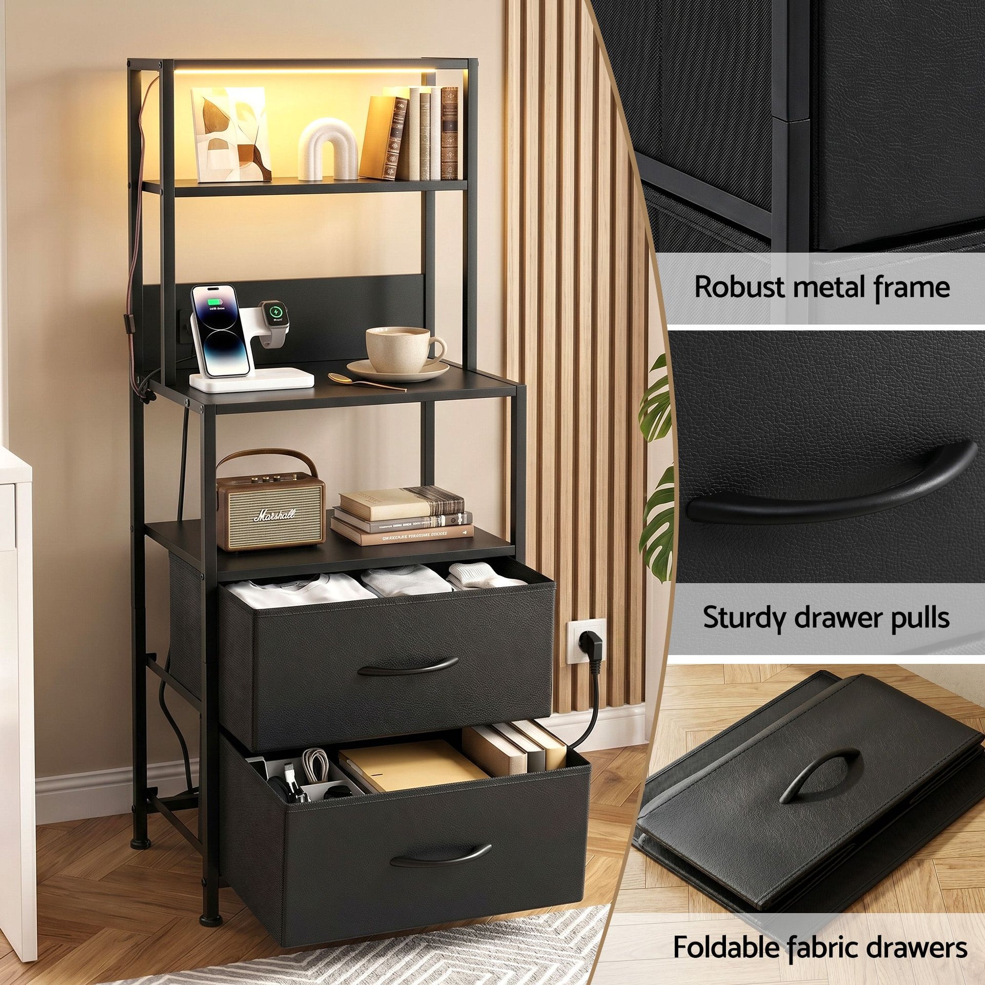 Artiss Bedside Table Tall Nightstand with Charging Station Drawers LED Black Awezingly
