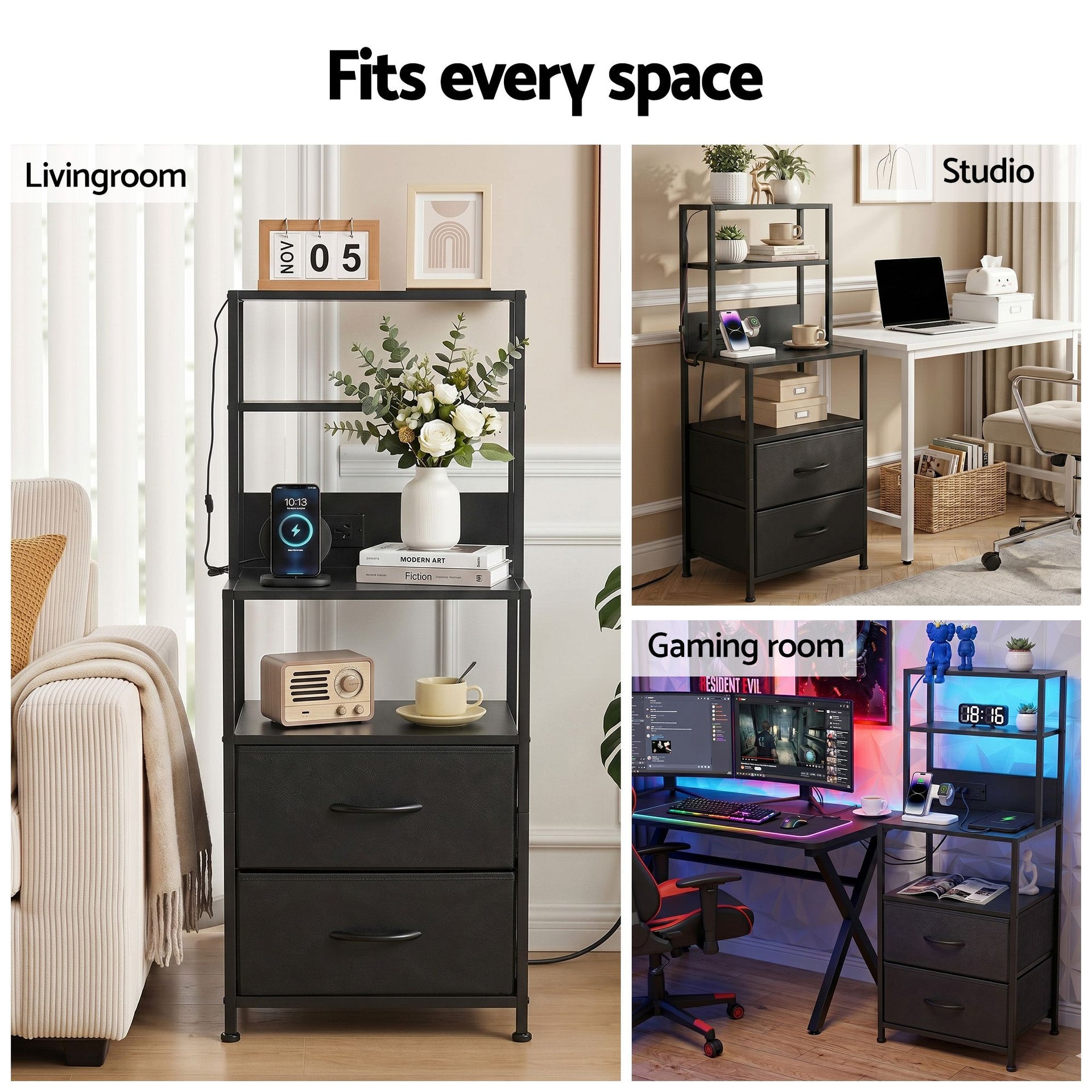 Artiss Bedside Table Tall Nightstand with Charging Station Drawers LED Black Awezingly