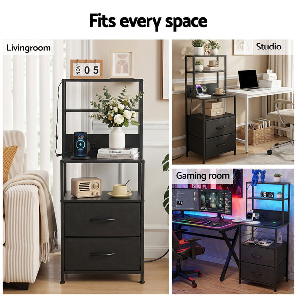 Artiss Bedside Table Tall Nightstand with Charging Station Drawers LED Black Awezingly