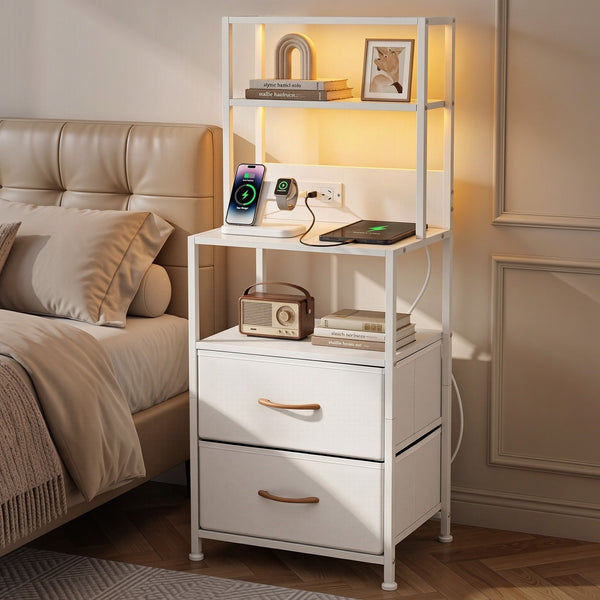 Artiss Bedside Table Tall Nightstand with Charging Station Drawers LED White Awezingly