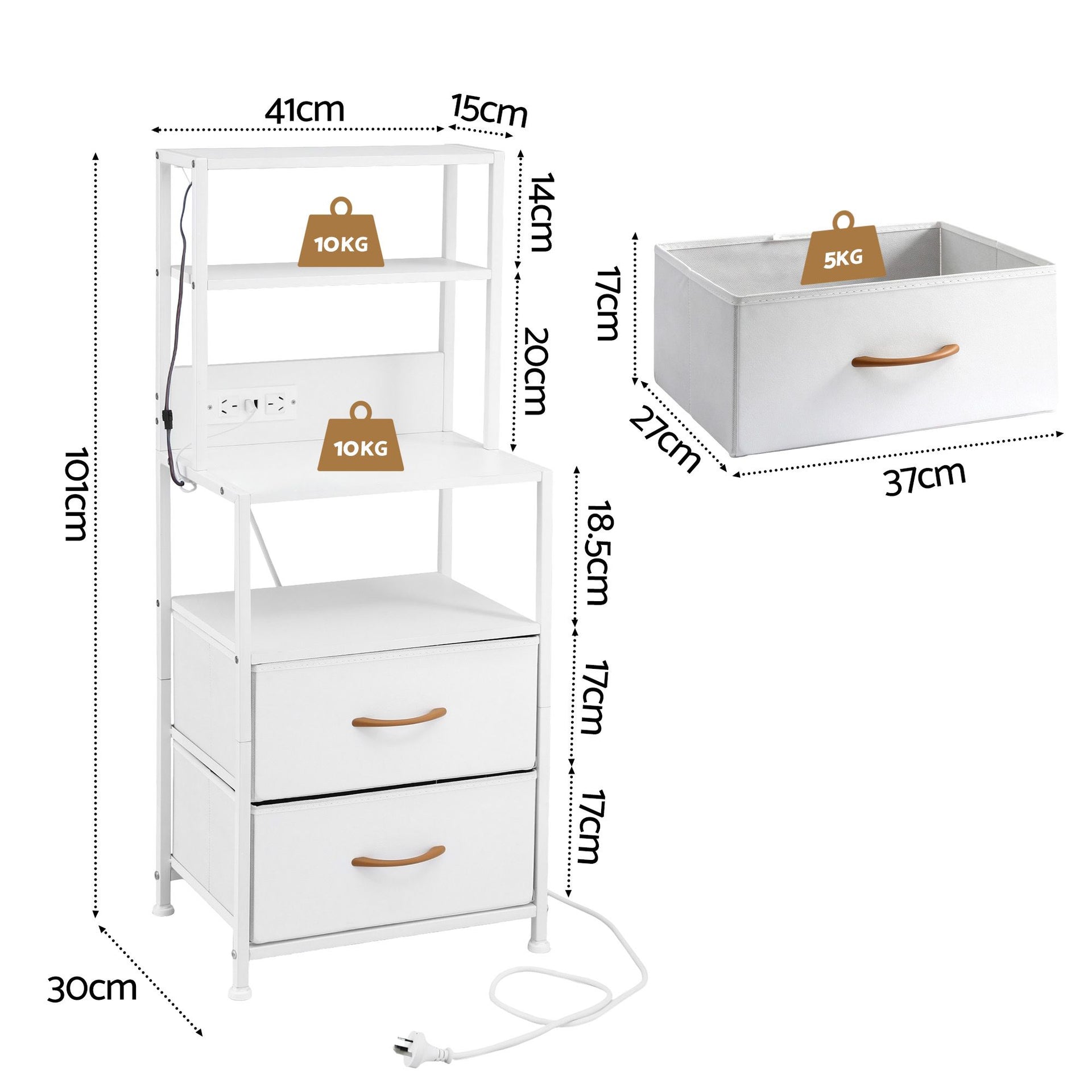 Artiss Bedside Table Tall Nightstand with Charging Station Drawers LED White Awezingly