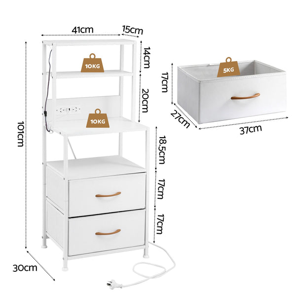Artiss Bedside Table Tall Nightstand with Charging Station Drawers LED White Awezingly