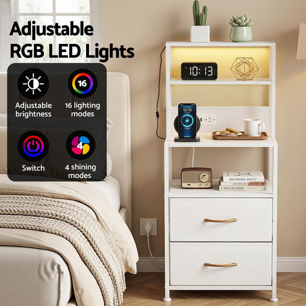 Artiss Bedside Table Tall Nightstand with Charging Station Drawers LED White Awezingly