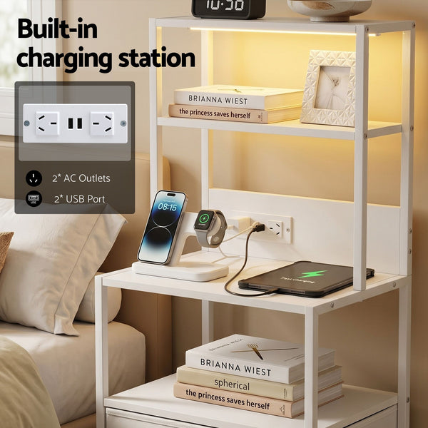 Artiss Bedside Table Tall Nightstand with Charging Station Drawers LED White Awezingly