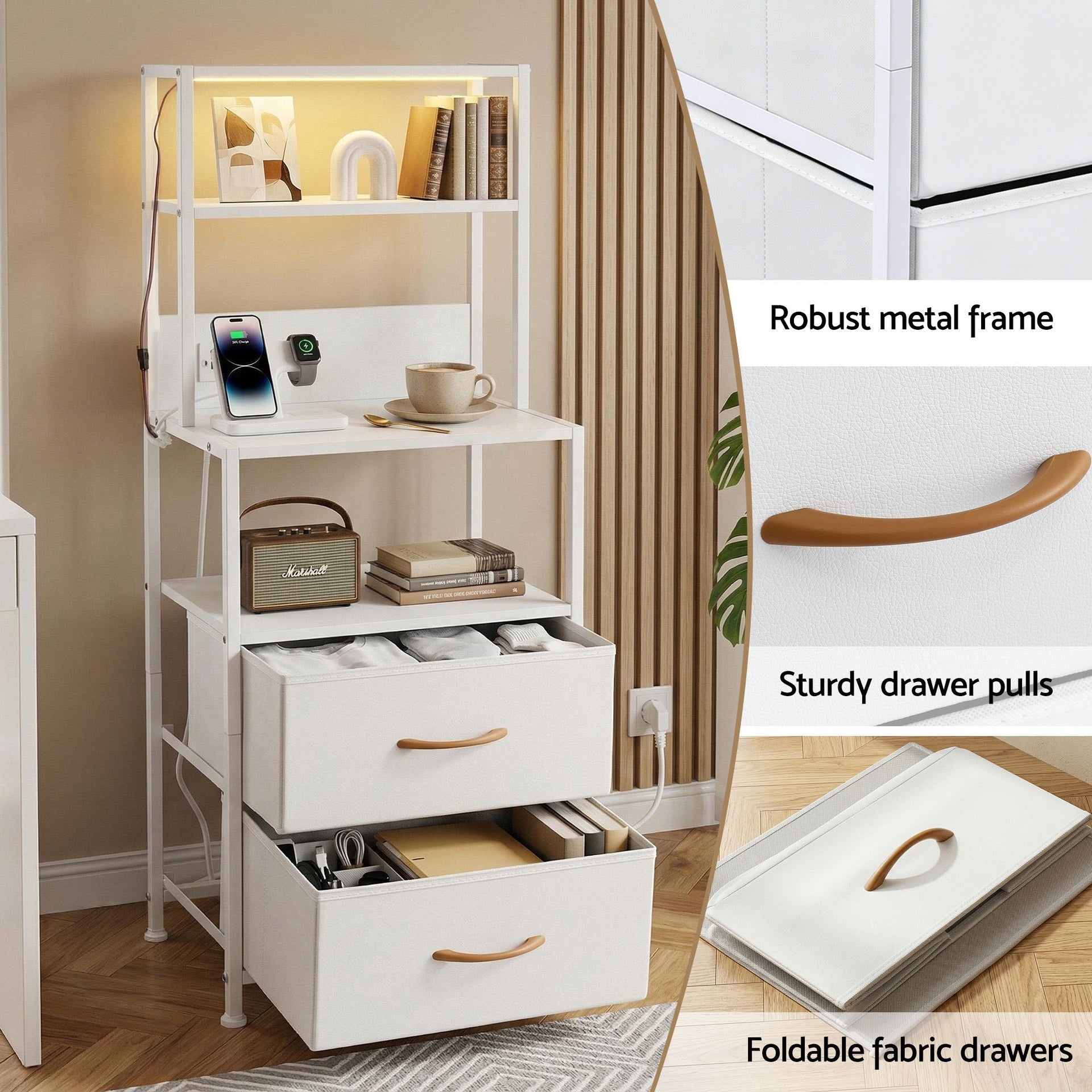 Artiss Bedside Table Tall Nightstand with Charging Station Drawers LED White Awezingly