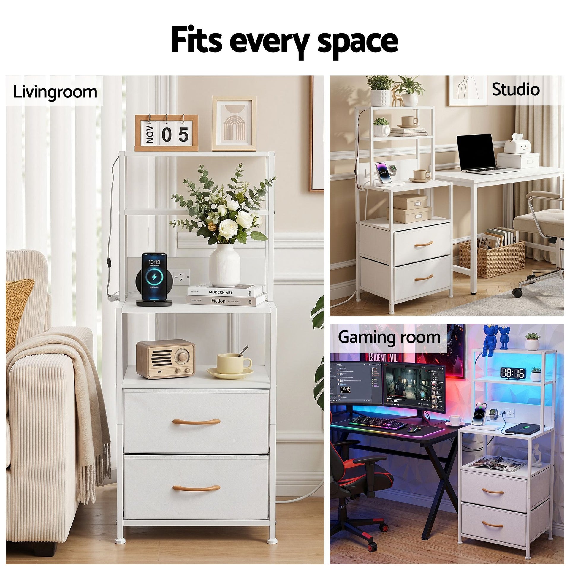 Artiss Bedside Table Tall Nightstand with Charging Station Drawers LED White Awezingly