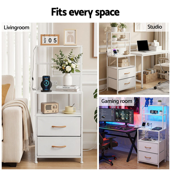 Artiss Bedside Table Tall Nightstand with Charging Station Drawers LED White Awezingly