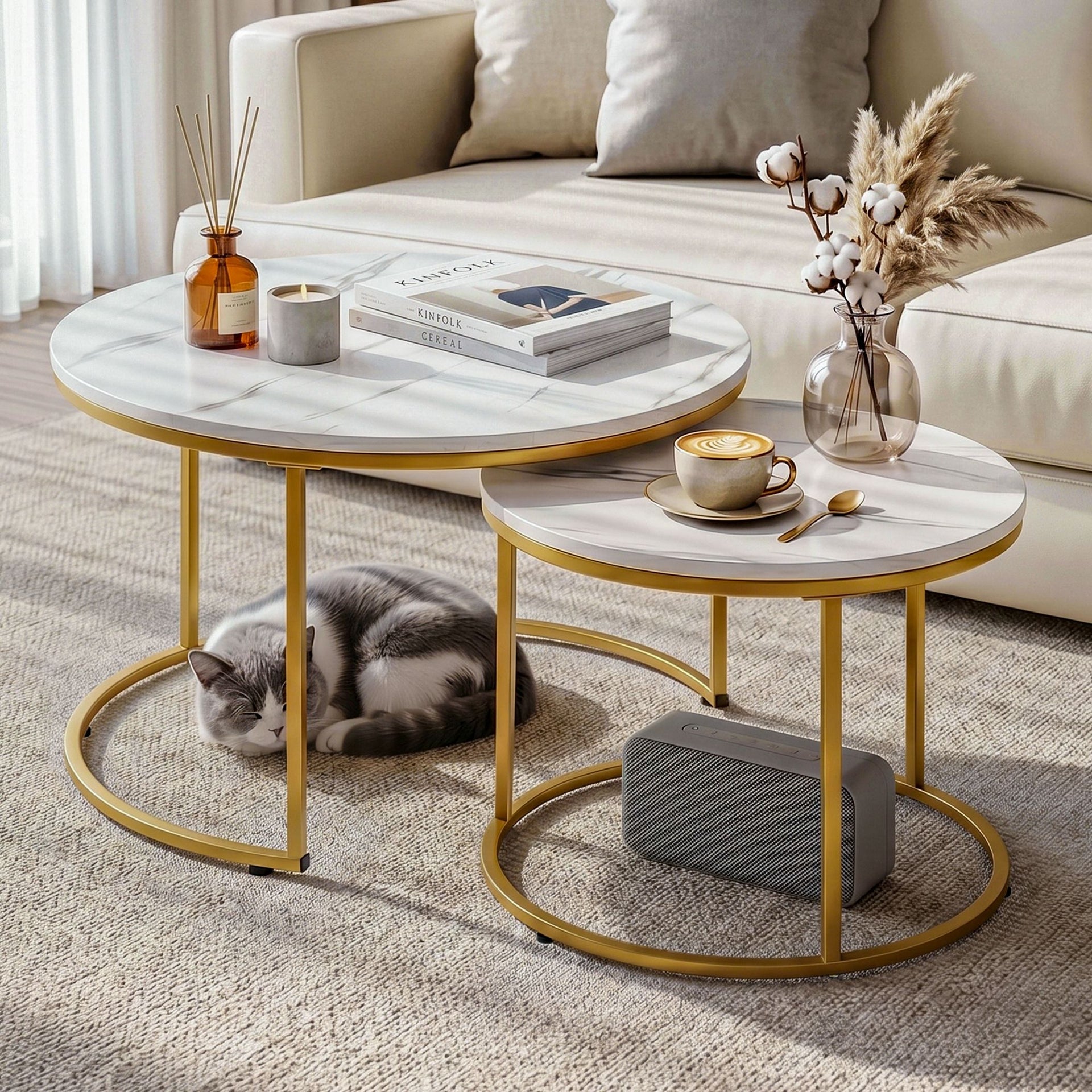 Artiss Nesting Coffee Table Set of 2 Round Marble Effect 70/50cm White & Gold Awezingly