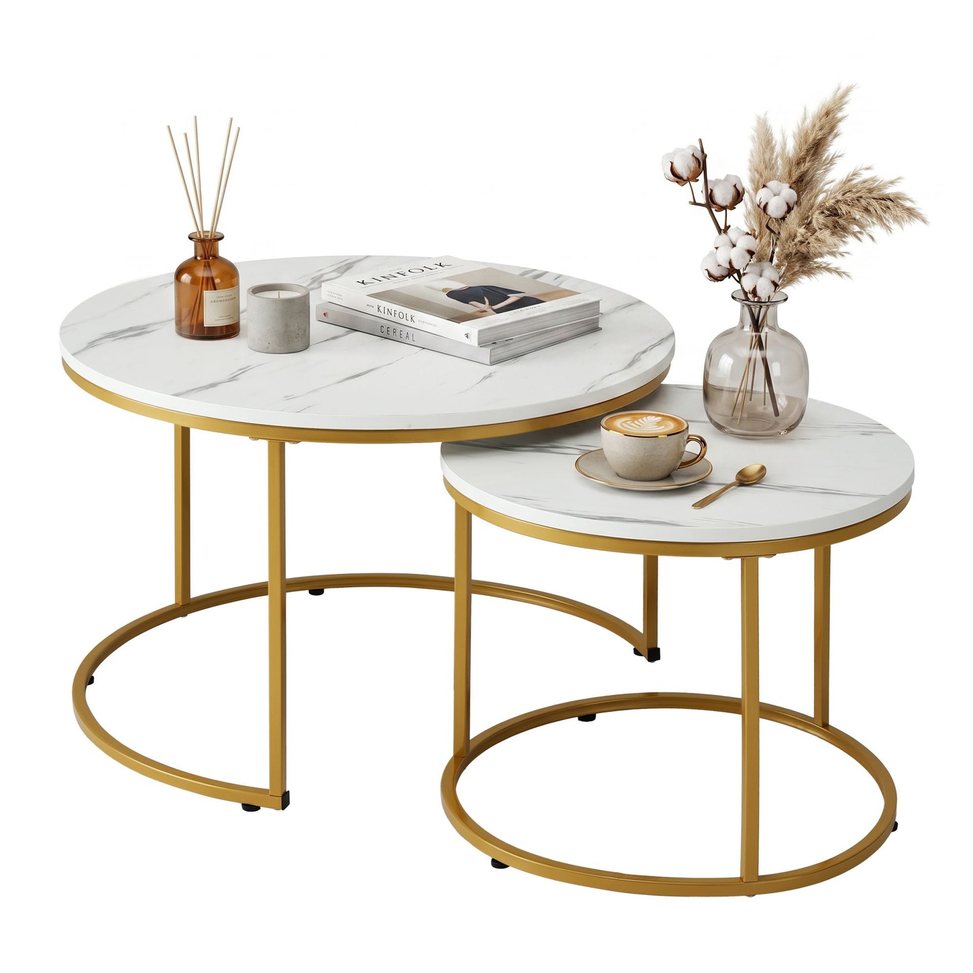Artiss Nesting Coffee Table Set of 2 Round Marble Effect 70/50cm White & Gold Awezingly