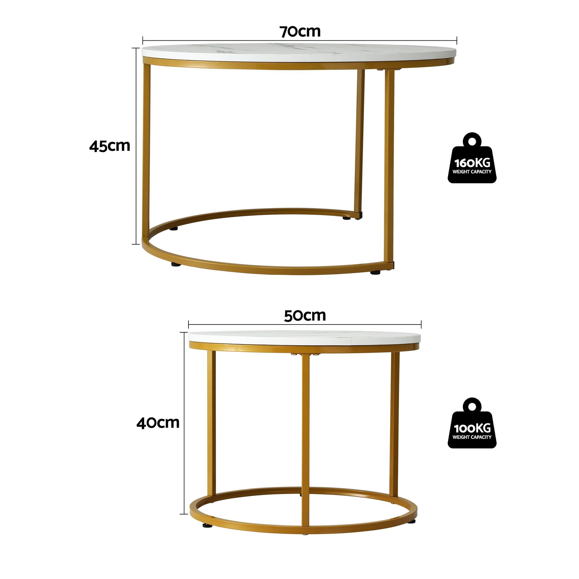 Artiss Nesting Coffee Table Set of 2 Round Marble Effect 70/50cm White & Gold Awezingly