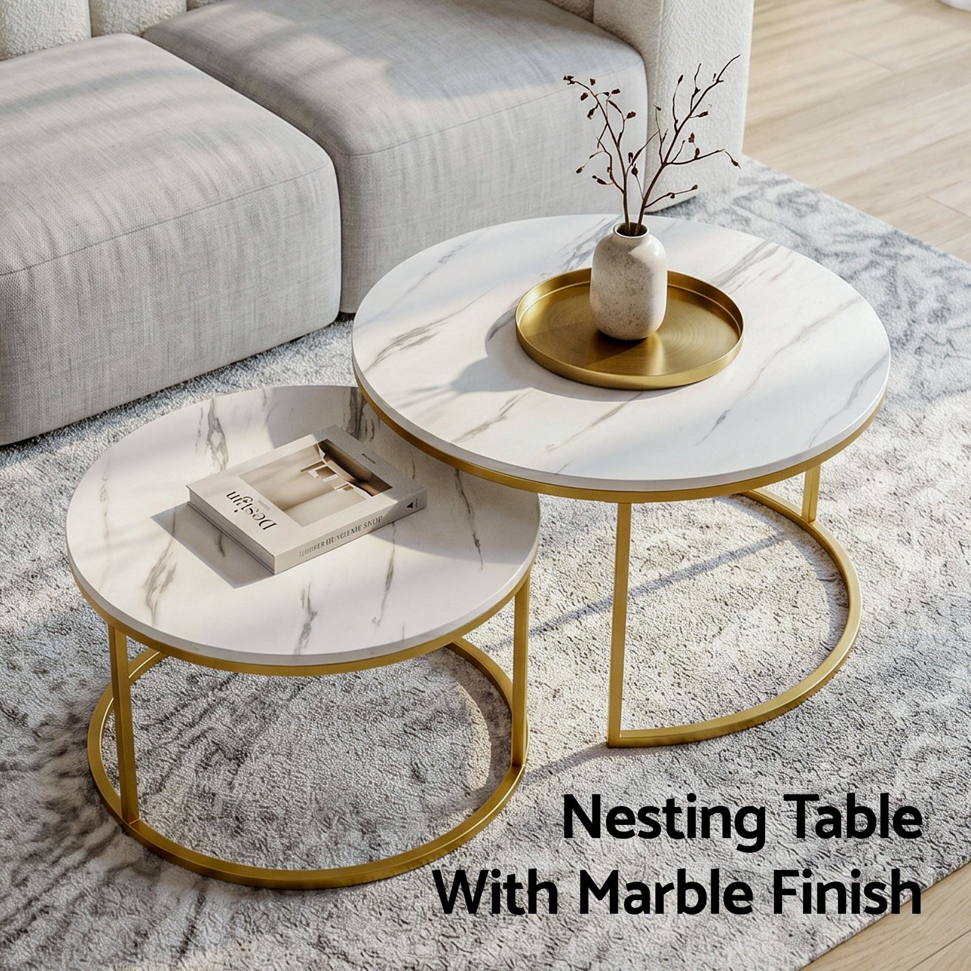Artiss Nesting Coffee Table Set of 2 Round Marble Effect 70/50cm White & Gold Awezingly