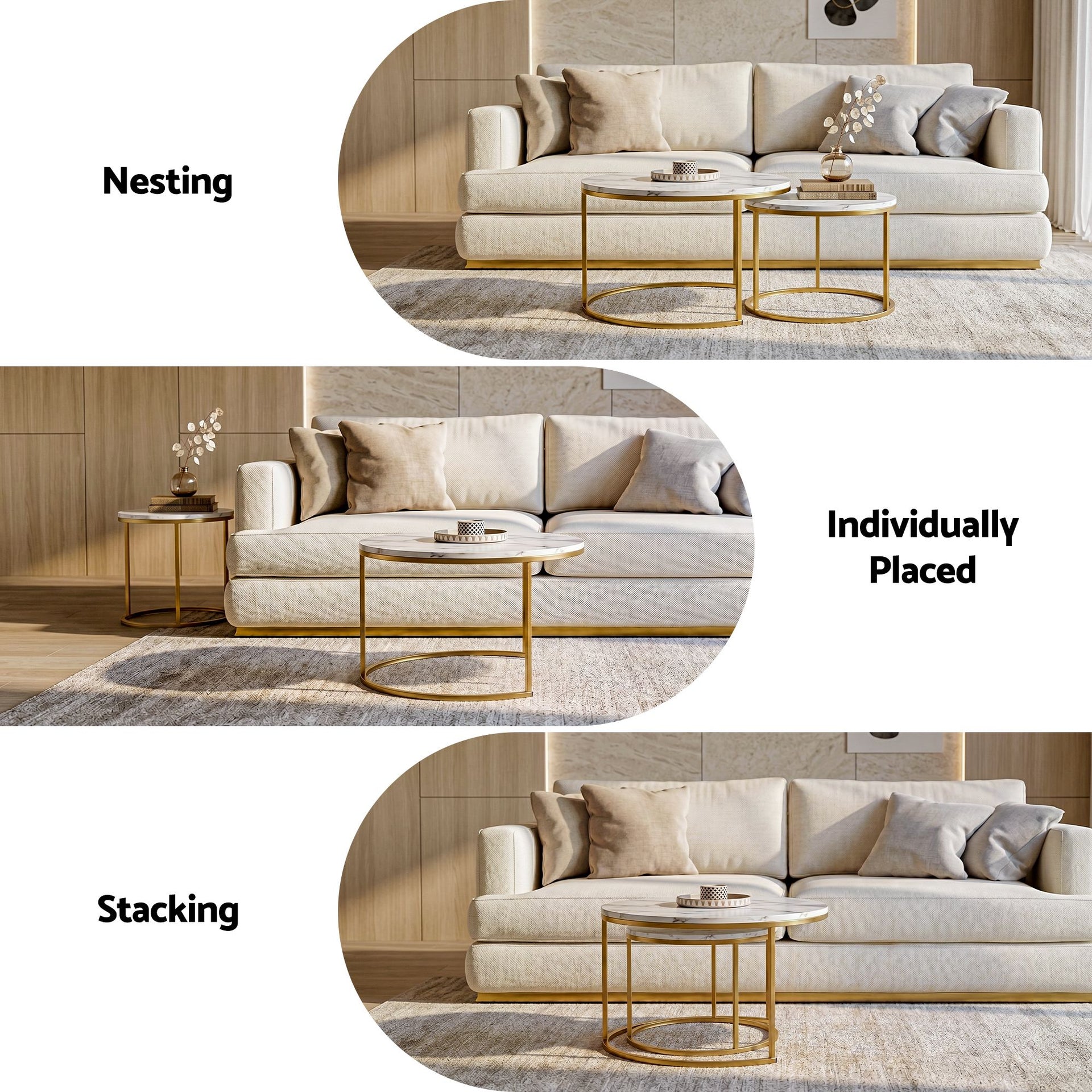 Artiss Nesting Coffee Table Set of 2 Round Marble Effect 70/50cm White & Gold Awezingly