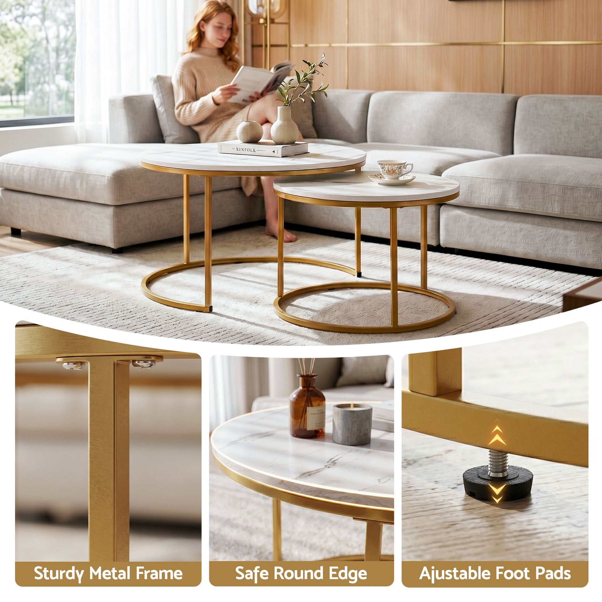 Artiss Nesting Coffee Table Set of 2 Round Marble Effect 70/50cm White & Gold Awezingly