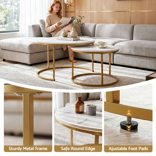 Artiss Nesting Coffee Table Set of 2 Round Marble Effect 70/50cm White & Gold Awezingly