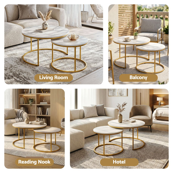 Artiss Nesting Coffee Table Set of 2 Round Marble Effect 70/50cm White & Gold Awezingly