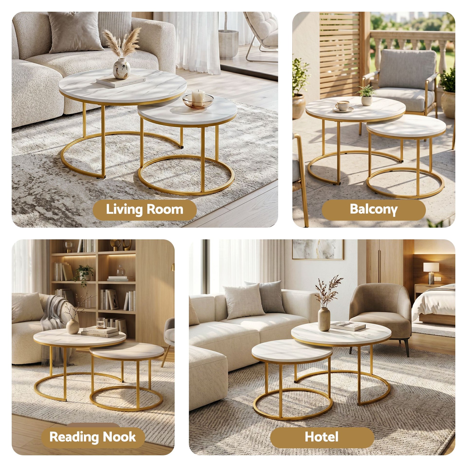 Artiss Nesting Coffee Table Set of 2 Round Marble Effect 70/50cm White & Gold Awezingly
