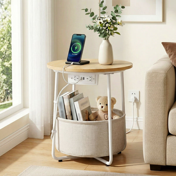 Artiss Round Coffee Table Side End Table Charging Station Storage Basket Awezingly