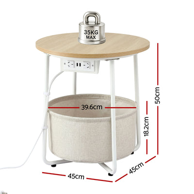 Artiss Round Coffee Table Side End Table Charging Station Storage Basket