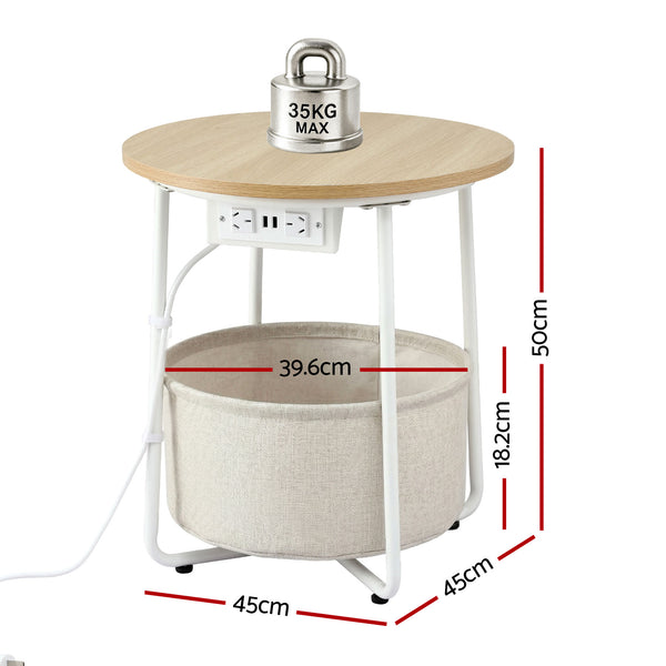 Artiss Round Coffee Table Side End Table Charging Station Storage Basket Awezingly