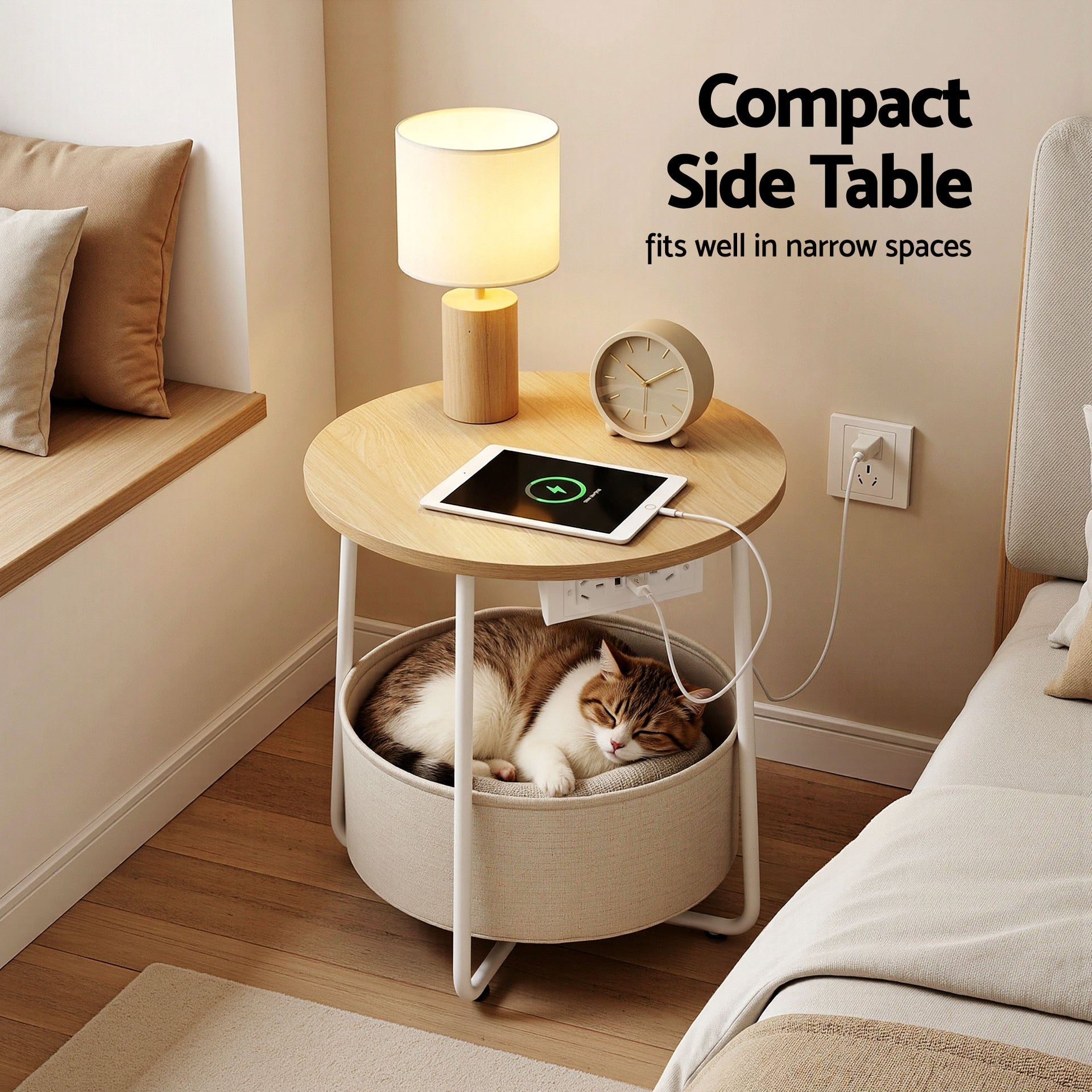 Artiss Round Coffee Table Side End Table Charging Station Storage Basket Awezingly