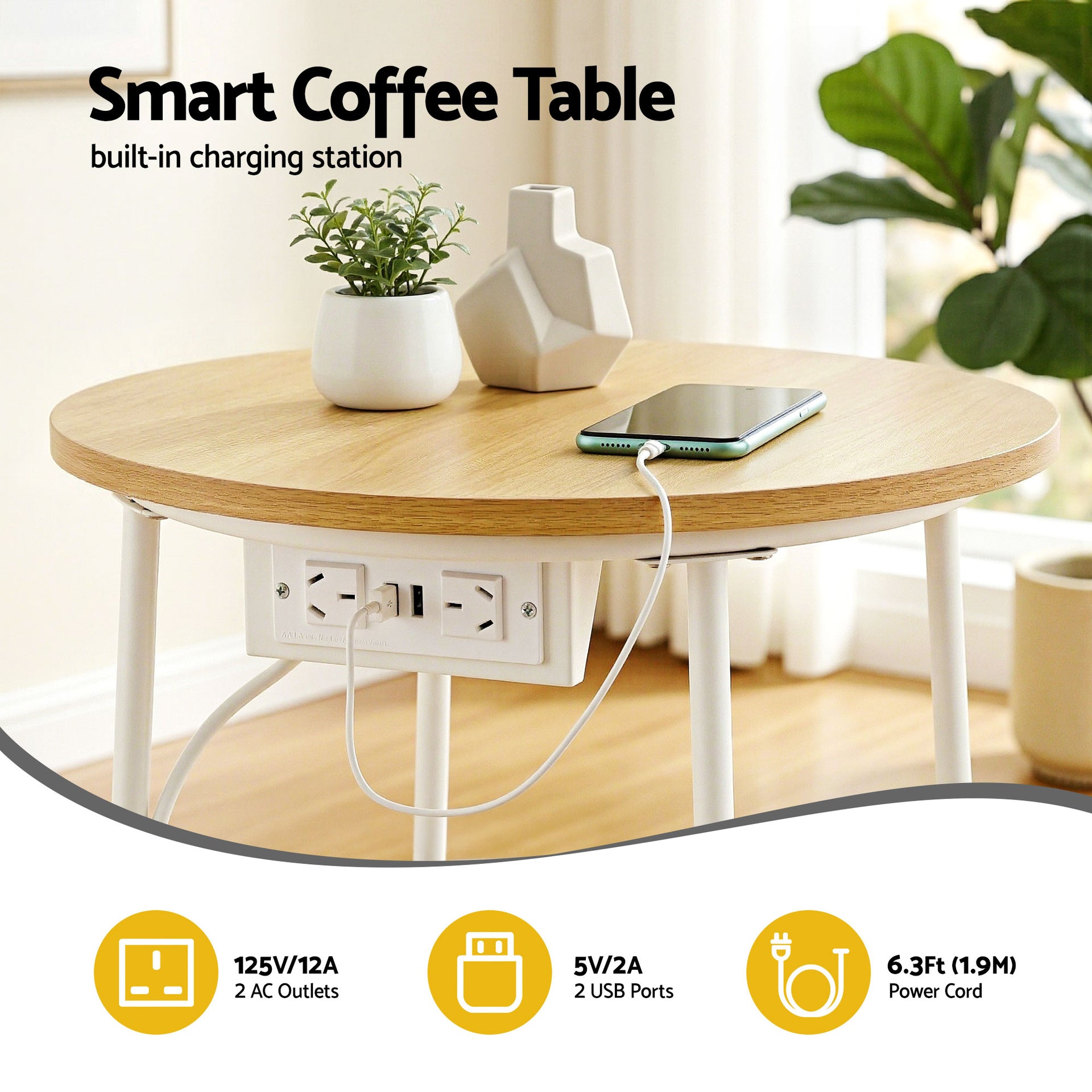 Artiss Round Coffee Table Side End Table Charging Station Storage Basket Awezingly